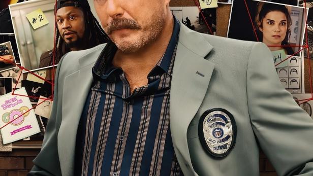 Das Poster zur Fernsehserie „Murderville“ zeigt Will Arnett als Detektiv mit prominenten Gaststars im Hintergrund.