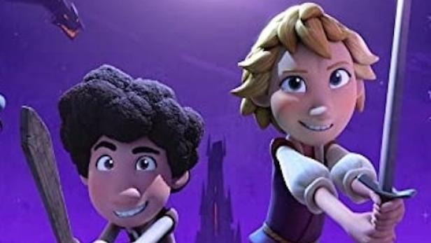 Zwei Kinder mit Schwertern vor einem Schloss und einem grinsenden Mond, aus „A Tale Dark & Grimm“.