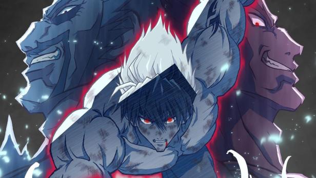 Das Cover von „Tekken: Bloodline“ zeigt Jin Kazama zwischen zwei bedrohlichen Gestalten.