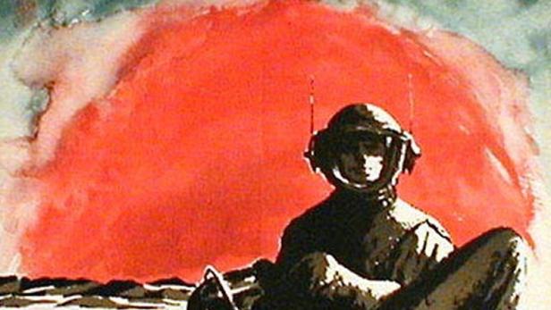 Ein Astronaut trägt eine andere Person vor einem roten Himmel auf dem Filmplakat zu „Begegnung im All“.