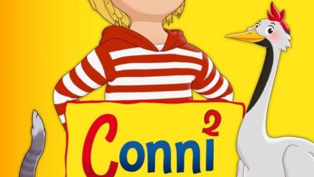 Das Filmplakat für „Conni 2 – Das Geheimnis des Kranichs“ mit Conni, einem Kranich und einer Katze.