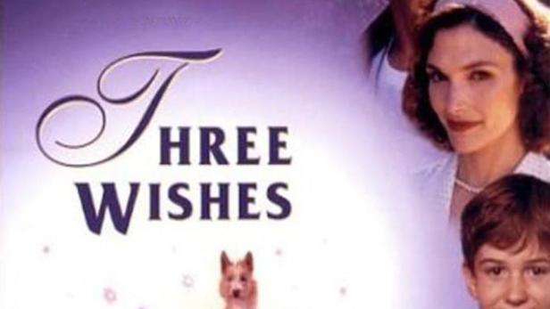 Das Filmplakat für „Three Wishes“ zeigt Patrick Swayze, eine Frau, zwei Jungen und einen Hund.