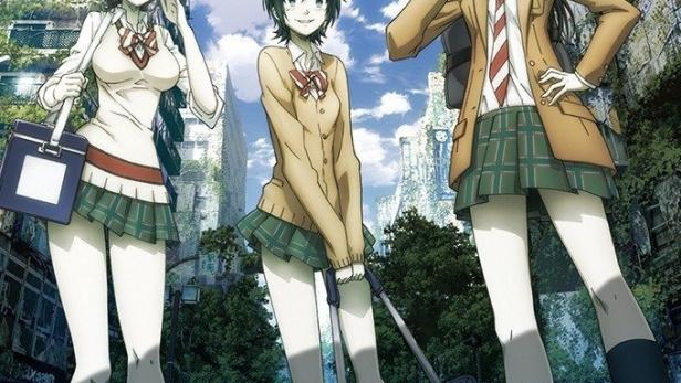 Drei Mädchen in Schuluniformen stehen vor einer zerstörten Stadt, im Hintergrund das Logo von „Coppelion“.