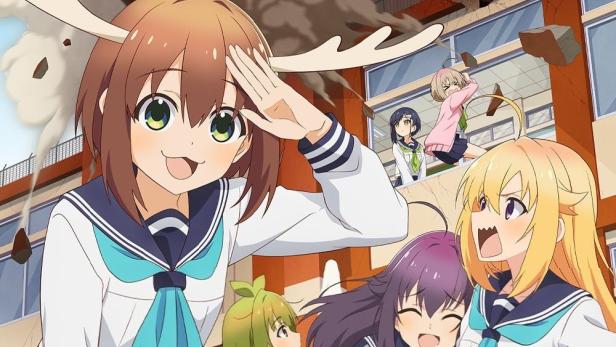 Ein Anime-Poster mit einer Gruppe von Schülerinnen und einem riesigen Hirsch, der ein Schulgebäude zerstört.