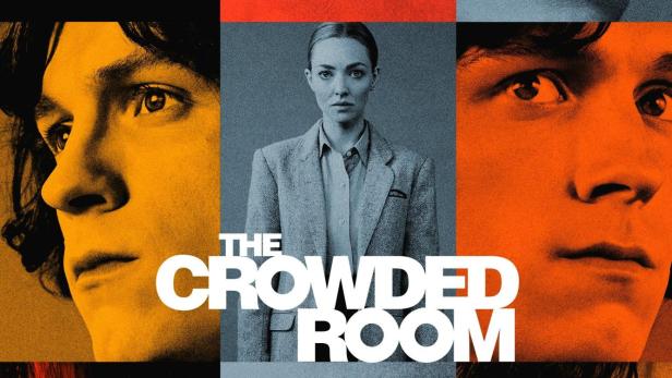 Das Filmplakat für „The Crowded Room“ zeigt Nahaufnahmen von Gesichtern in verschiedenen Farben.