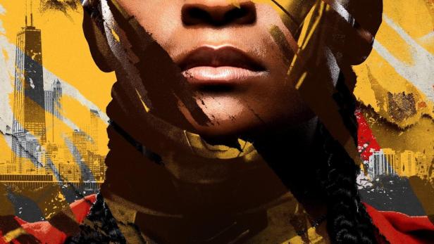 Das Poster für die Marvel-Fernsehserie „Ironheart“ zeigt eine junge Frau mit einer goldenen Iron-Man-Maske auf dem Gesicht.
