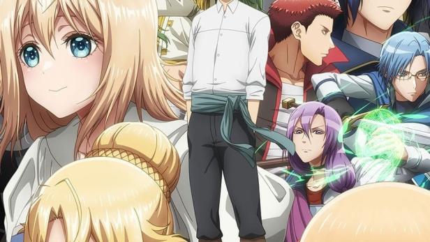 Das Anime-Poster zeigt eine Gruppe von Charakteren und zwei Mecha.