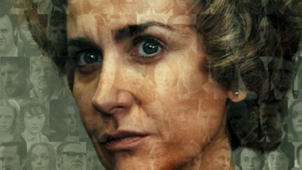 Das Poster für „The Long Shadow“ zeigt eine Frau vor einem Hintergrund aus Gesichtern.