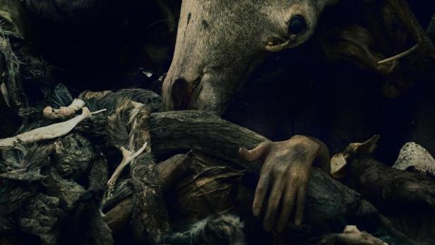 Das Poster für die deutsche Mystery-Serie „Oderbruch“ zeigt eine verstörende Szene mit Tierkadavern und einer Hand.