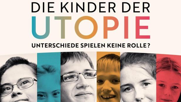 Das Filmplakat zu „Die Kinder der Utopie“ zeigt Porträts von Kindern und Jugendlichen vor farbigem Hintergrund.
