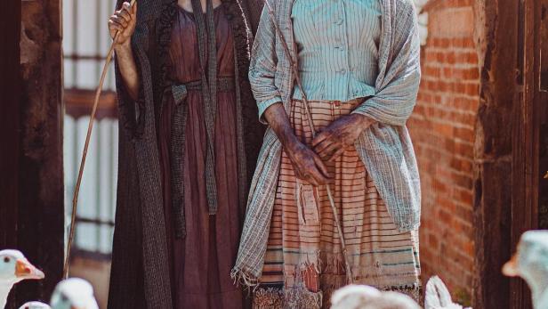 Zwei Frauen stehen vor einem Torbogen, umgeben von Gänsen, im Hintergrund der Titel „Die Gänseprinzessin“.