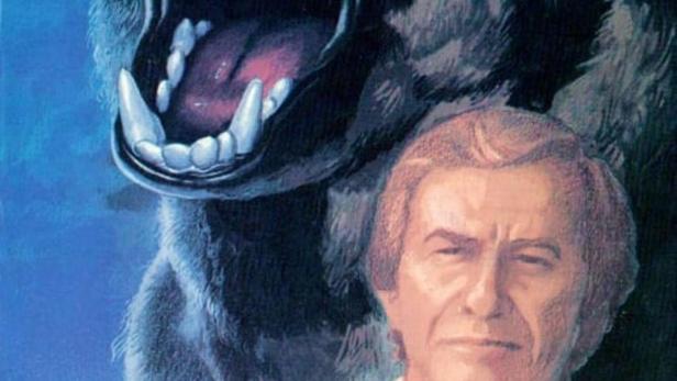 Das Filmplakat für „Devil Dog: The Hound of Hell“ zeigt einen Mann vor einem furchterregenden Hund.