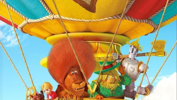 Das Filmplakat für „Urfin Djus kehrt zurück“ zeigt die animierten Charaktere in einem Heißluftballon.