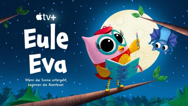 Eine animierte Eule mit Brille liest ein Buch vor einem Vollmond, daneben eine Fledermaus.