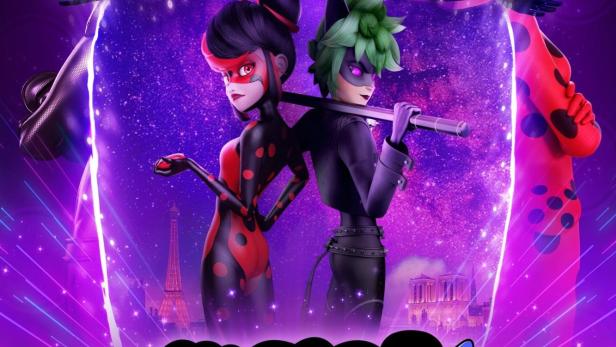 Das Poster für „Miraculous World: Paris – Geschichten von Shadybug und Claw Noir“ zeigt mehrere Charaktere vor einem violetten Hintergrund.