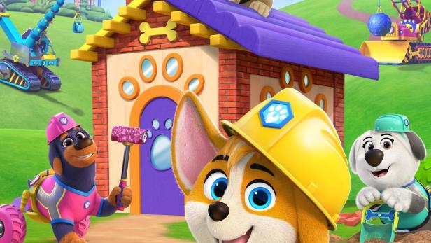 Das Poster für „Baustelle – Alle Pfoten packen an“ mit animierten Bauarbeiter-Welpen.