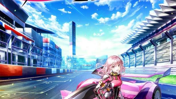 Eine Anime-Rennfahrerin steht vor einem pinkfarbenen Rennwagen auf einer Rennstrecke.