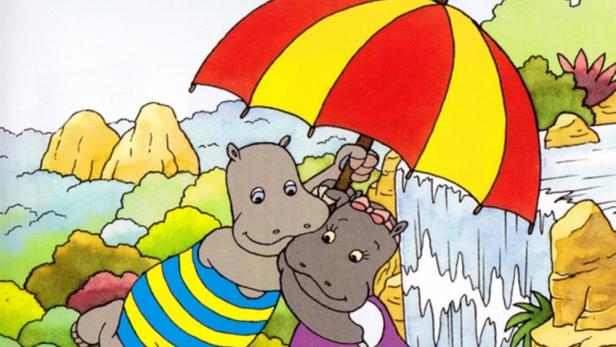 Zwei Nilpferde unter einem Regenschirm vor einer Wasserfallkulisse, aus der Zeichentrickserie „Petit Potam“.