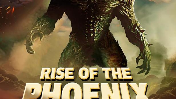 Das Cover des Films „Rise of the Phoenix: Angriff des Giganten“ zeigt ein riesiges Monster vor einer Wüstenlandschaft.