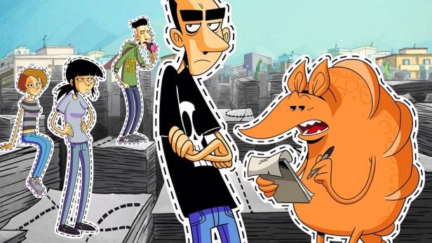 Das animierte Poster für „Zerreißen Entlang Der Ränder“ zeigt eine Gruppe von Figuren vor einem Stadthintergrund.