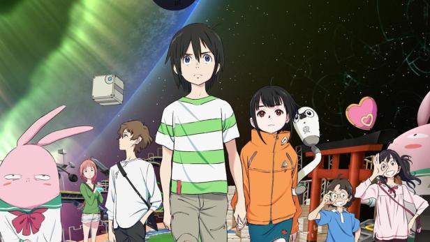 Das Poster für die Anime-Serie „Extra-Terrestrial Boys & Girls“ zeigt eine Gruppe von Kindern auf einer Raumstation.