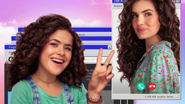 Der Poster für „De Volta Aos 15“ zeigt zwei junge Frauen in einer Retro-Computer-Desktop-Umgebung.