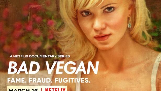 Das Poster für die Netflix-Dokumentarserie „Bad Vegan“ zeigt eine Frau mit einem Teller voller Geld.