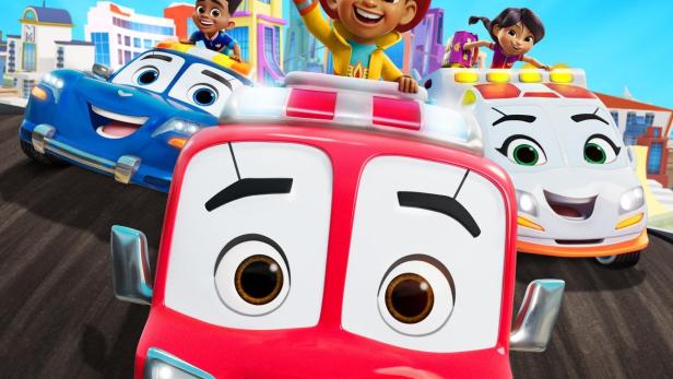 Das Poster für „Firebuds – Freunde im Einsatz“ zeigt animierte Fahrzeuge und Kinder.