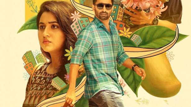 Ein Mann geht mit einem Brief in der Hand, während zwei Frauen und stilisierte Stadtansichten im Hintergrund zu sehen sind.