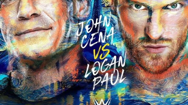Ein Werbeplakat für „Clash in Paris“ mit John Cena und Logan Paul im Stil von Van Goghs „Sternennacht“.