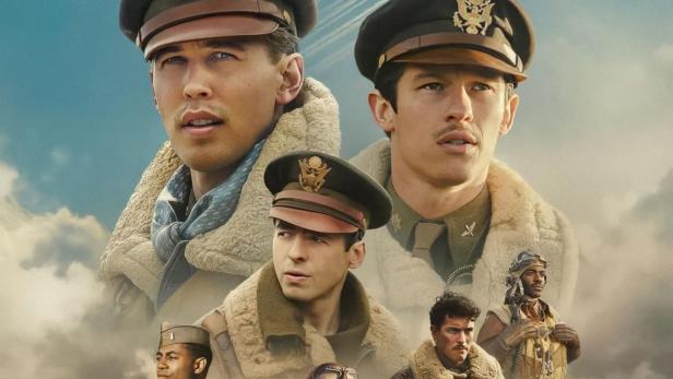 Das Filmplakat für „Masters of the Air“ zeigt Piloten und Flugzeuge vor einem bewölkten Himmel.