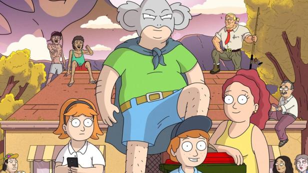 Das animierte Poster für „Koala Man“ zeigt den Koala Man, eine Familie und einen riesigen Adler.