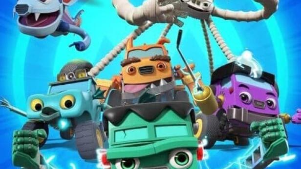 Das Poster für die Netflix-Serie „Mighty Monsterwheelies“ mit animierten Monsterfahrzeugen.
