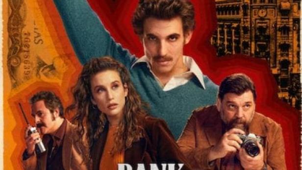 Das Filmplakat für „Bank unter Belagerung“ zeigt bewaffnete Personen und Einsatzfahrzeuge vor einer Bank.