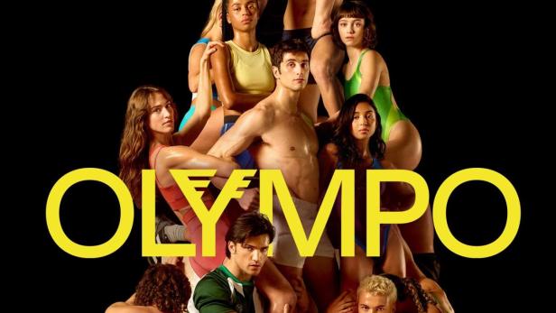 Das Werbeplakat für die spanische Fernsehserie „Élite: Olimpo“ zeigt eine Gruppe junger Menschen in Sportkleidung, die eine Pyramide bilden.