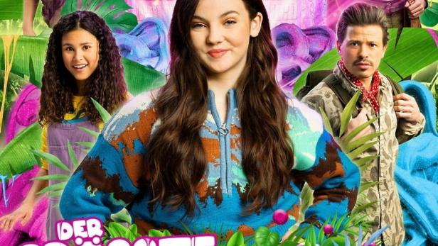 Das Filmplakat für „Der Grösste Schleimfilm Aller Zeiten“ zeigt eine Gruppe von Abenteurern vor einem Dschungel-Tempel.