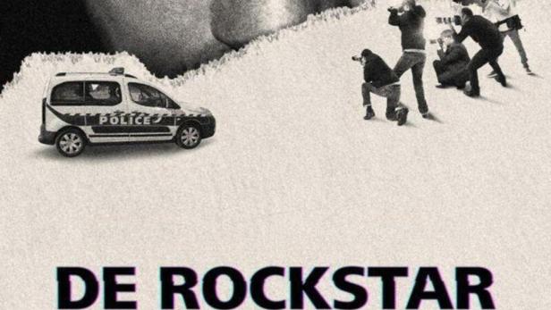 Das Filmplakat „De Rockstar à Tueur: Le Cas Cantat“ zeigt das Gesicht eines Mannes, eine Polizeiwagen und Fotografen.