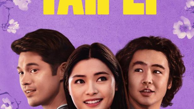 Das Filmplakat für „Love in Taipei“ zeigt drei junge Darsteller vor einem lila Hintergrund mit Blüten.