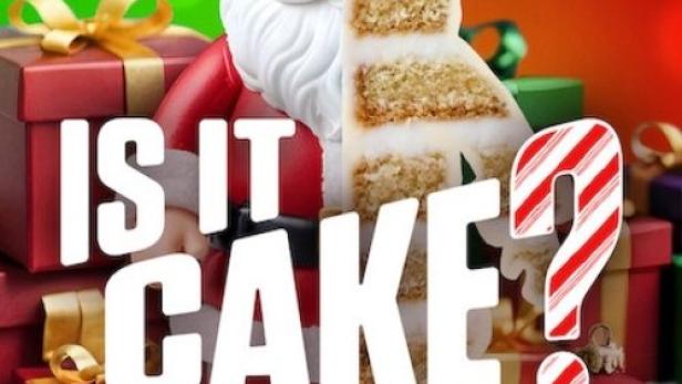 Das Poster für „Is It Cake? Holiday“ auf Netflix zeigt einen Weihnachtsmann und einen Kuchen vor Geschenken.