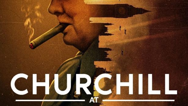 Das Filmplakat zeigt Winston Churchill mit Zigarre vor dem Hintergrund des Big Ben während des Krieges.