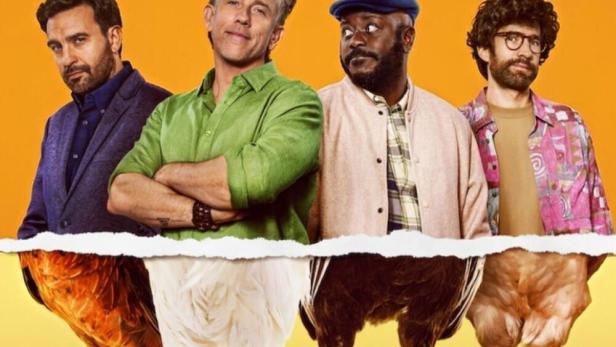 Das Filmplakat für „Haantjes“ zeigt vier Männer mit Hühnerbeinen vor einem gelben Hintergrund.