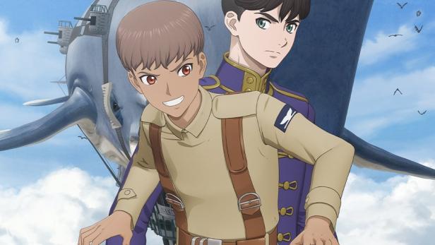 Das Anime-Poster zeigt zwei Charaktere vor einem riesigen Luftschiff namens „Leviathan“.