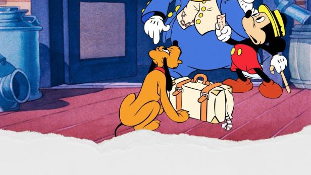 Micky Maus, Pluto und Kater Karlo vor dem Hintergrund des Disney-Films „Herr Maus auf großer Reise“.