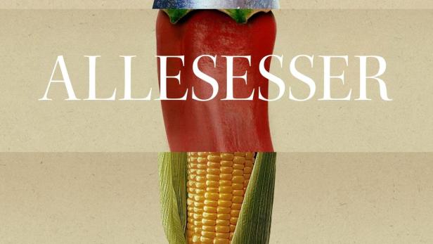 Eine Collage aus Fischkopf, Paprika, Maiskolben und Flugzeugflügel mit dem Wort „Allesesser“.