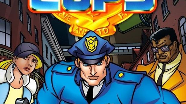 Das Cover der Zeichentrickserie „C.O.P.S.“ zeigt drei Polizisten in Empire City.