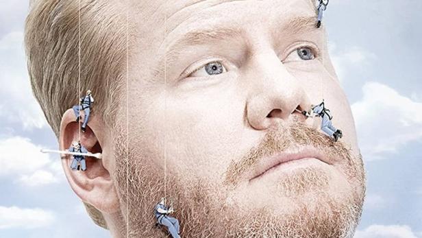 Das Cover von Jim Gaffigans „King Baby“ zeigt sein Gesicht mit winzigen Kletterern.