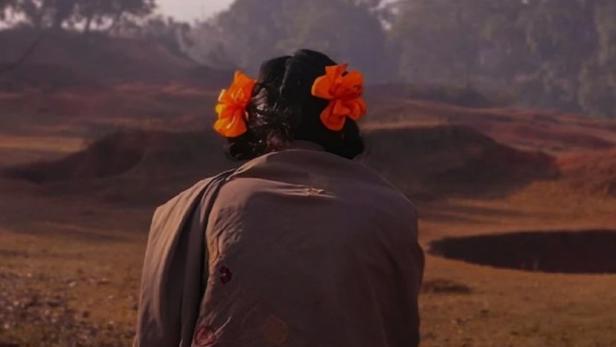 Eine Frau mit Blumen im Haar sitzt in einer hügeligen Landschaft.