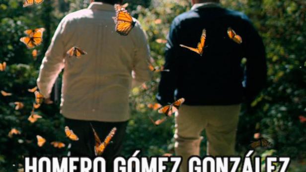 Das Filmplakat für „Hüter der Monarchen“ zeigt zwei Männer inmitten von Monarchfaltern.