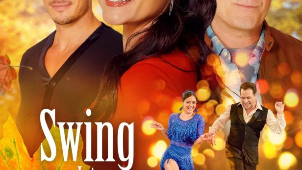 Das Filmplakat für „Swing Into Romance“ zeigt drei Schauspieler und zwei tanzende Figuren vor herbstlichem Hintergrund.