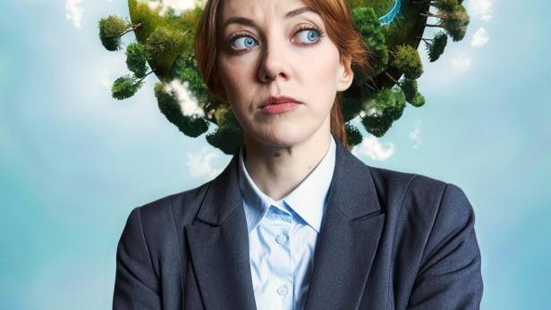 Eine Frau im Blazer vor einem Globus mit der Aufschrift „Cunk on Life“.